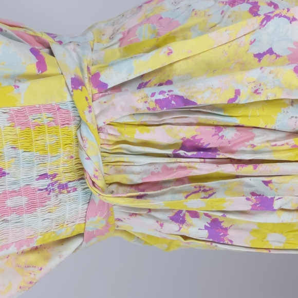 Portmans Women's Dress Size 14 Yellow Pink Floral V-Neck Shirring Bow Sleeveless - Picture 9 of 13